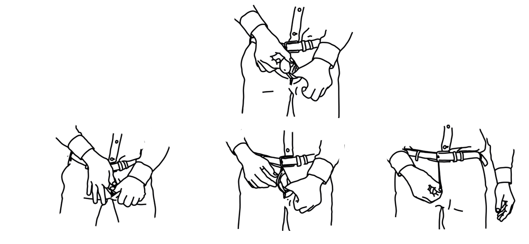 Séquence illustrant la remise en place de la verge après avoir uriné avec un boxer classique : une main tire et maintient la ceinture tandis que l’autre replace la verge à l’intérieur du sous-vêtement.