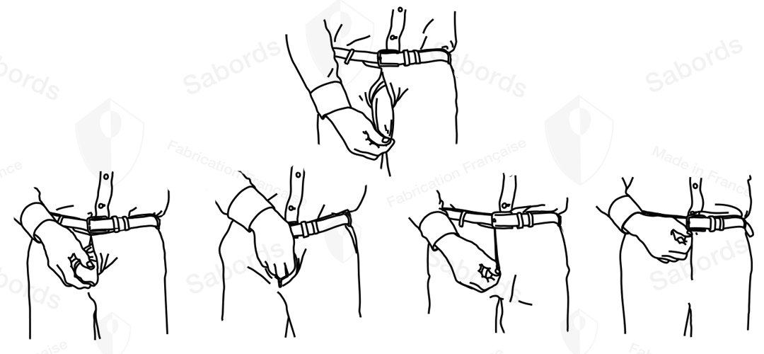 Illustrated sequence showing how the penis is repositioned after using SABORDS® anatomical underwear: the penis is returned inside the underwear, and the front cover naturally returns to its protective position.