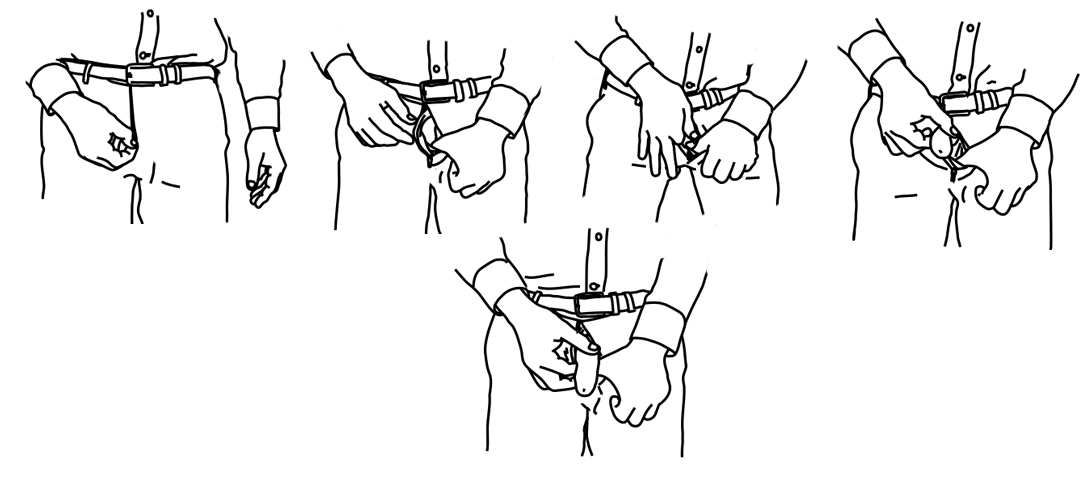 Séquence illustrant les différentes manipulations nécessaires pour sortir la verge avec un boxer classique : une main abaisse et maintient la ceinture tandis que l’autre dégage la verge.