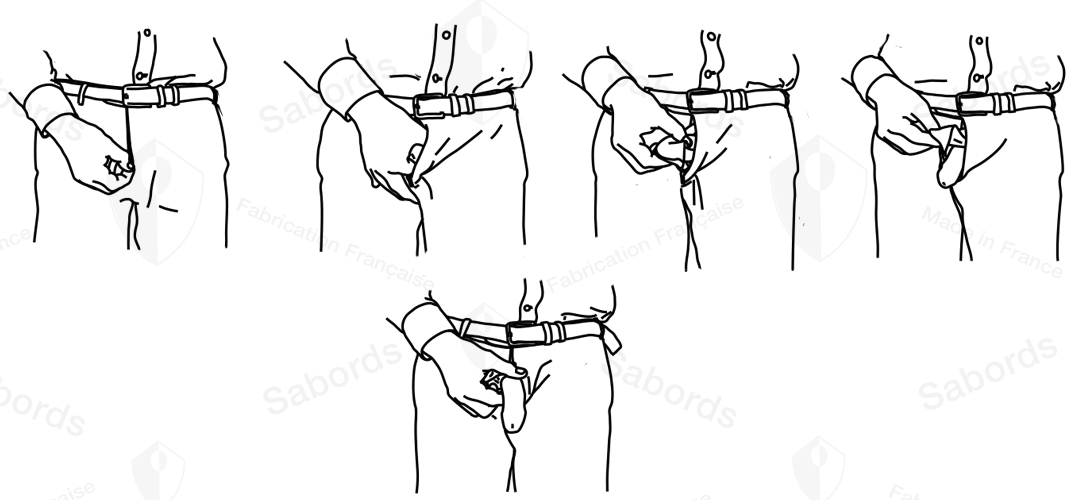 Séquence illustrant la sortie de la verge avec le boxer anatomique SABORDS® : le volet de recouvrement est soulevé pour accéder à l’ouverture frontale et sortir la verge, sans abaisser la ceinture.