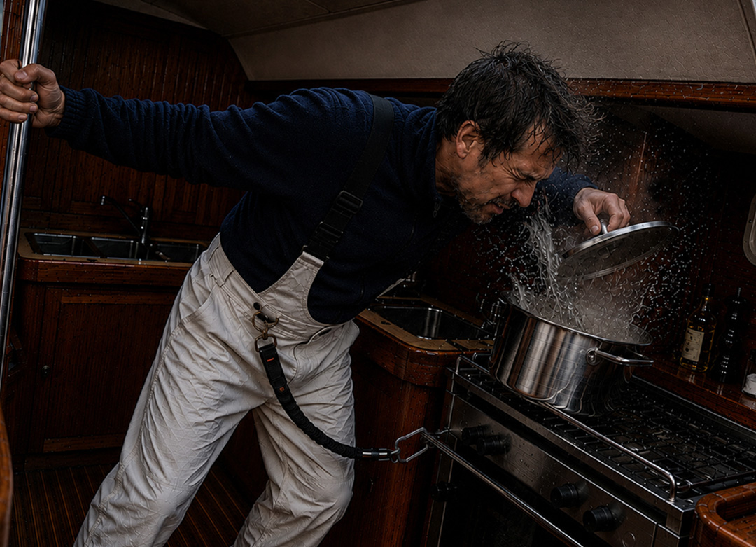 A sailor struggles to prepare a meal in the galley as the yacht pitches and rolls through rough seas. Secured by his safety harness, he braces himself with one hand while lifting the lid of a pot, narrowly avoiding a burst of hot water. The scene illustrates how even cooking can become hazardous aboard a sailboat in severe offshore conditions.