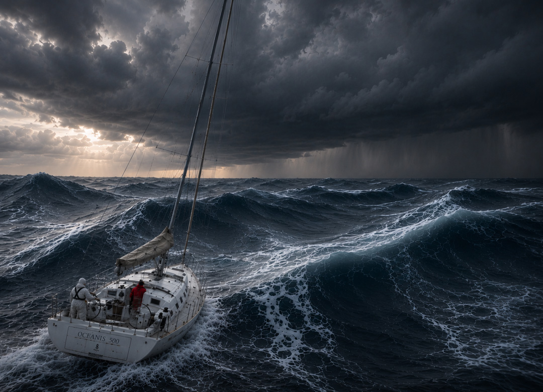 Un Océanis 500 navigue vers un impressionnant front orageux au cœur de l'Atlantique. D'immenses creux se succèdent à perte de vue tandis que l'équipage se prépare à affronter le mauvais temps. Cette image illustre l'atmosphère de la traversée hivernale qui est à l'origine de l'histoire de SABORDS.