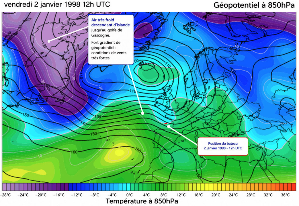 Représentation sous forme de carte des températures et géopotentiel de la tempête du 2 janvier 1998 vue globale