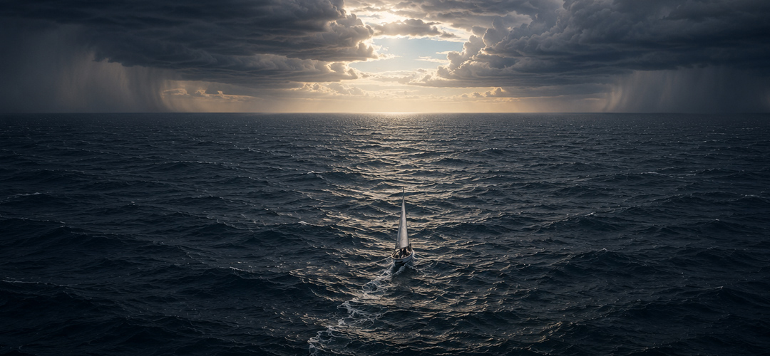 Un voilier s’éloigne vers la haute mer en profitant d’une étroite fenêtre météo. Deux tempêtes se préparent de part et d’autre de l’horizon, tandis qu’une éclaircie centrale semble ouvrir un passage possible entre les perturbations.