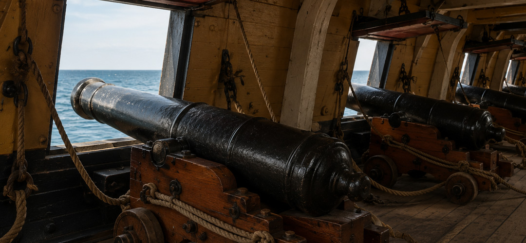 Interior view of the gun deck aboard an 18th-century ship of the line. Open gunports overlook the sea as a cannon fires through the ship's hull. This realistic scene illustrates how gunports, gun carriages, and naval artillery operated aboard the great warships of the Age of Sail.