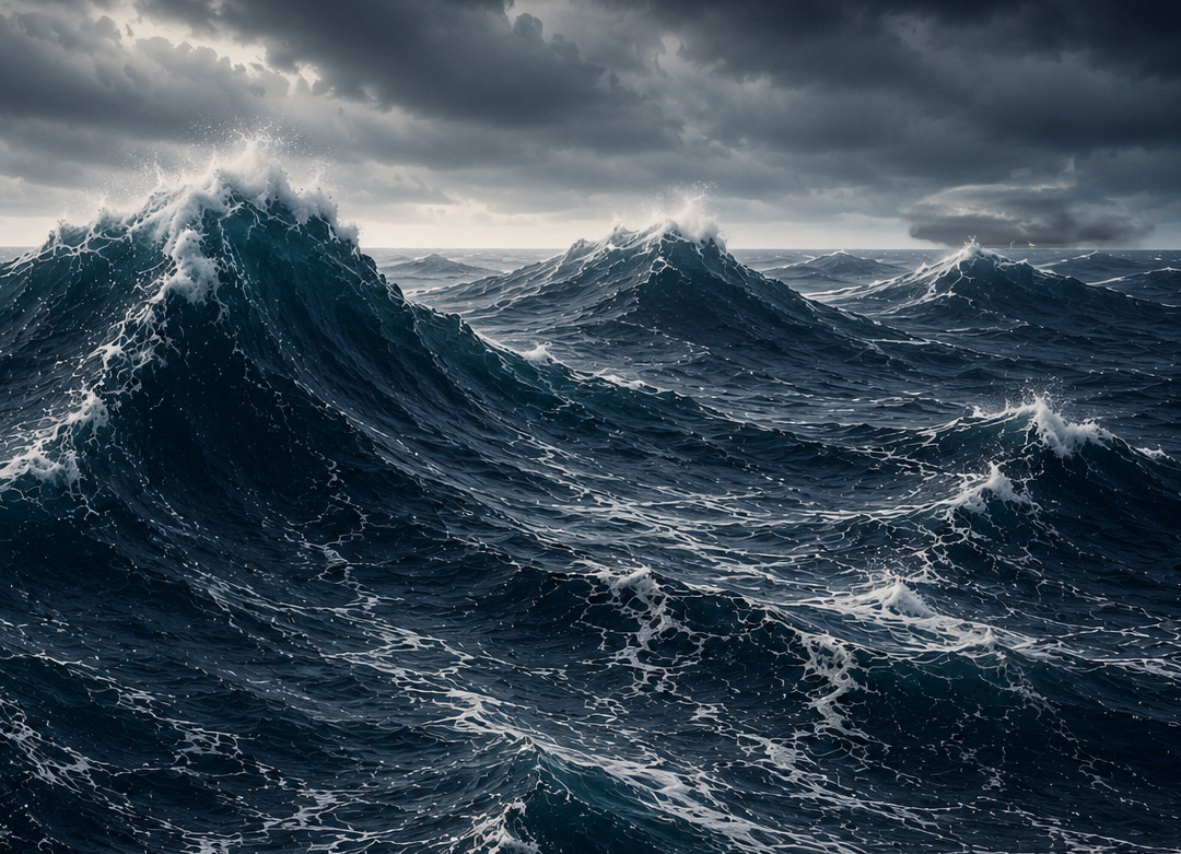 Realistic view of a heavy Atlantic sea with four to five meter waves during an offshore sailing passage.