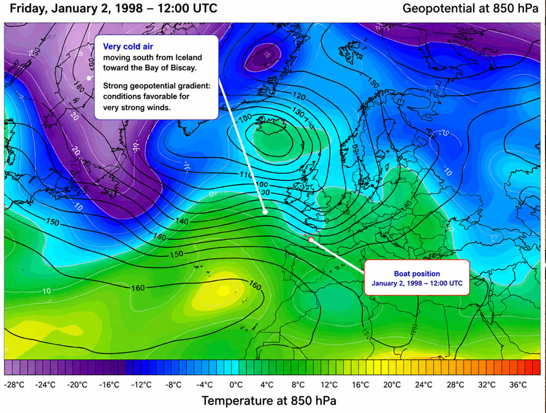 Weather map showing the atmospheric conditions over the North Atlantic on January 2, 1998, during one of the severe winter storms encountered while crossing the Bay of Biscay. The chart highlights the southward outbreak of Arctic air from Iceland, the strong geopotential gradient responsible for violent winds, and the sailboat's position at 12:00 UTC. This weather situation marked the beginning of the Atlantic crossing that would eventually inspire the invention of SABORDS.