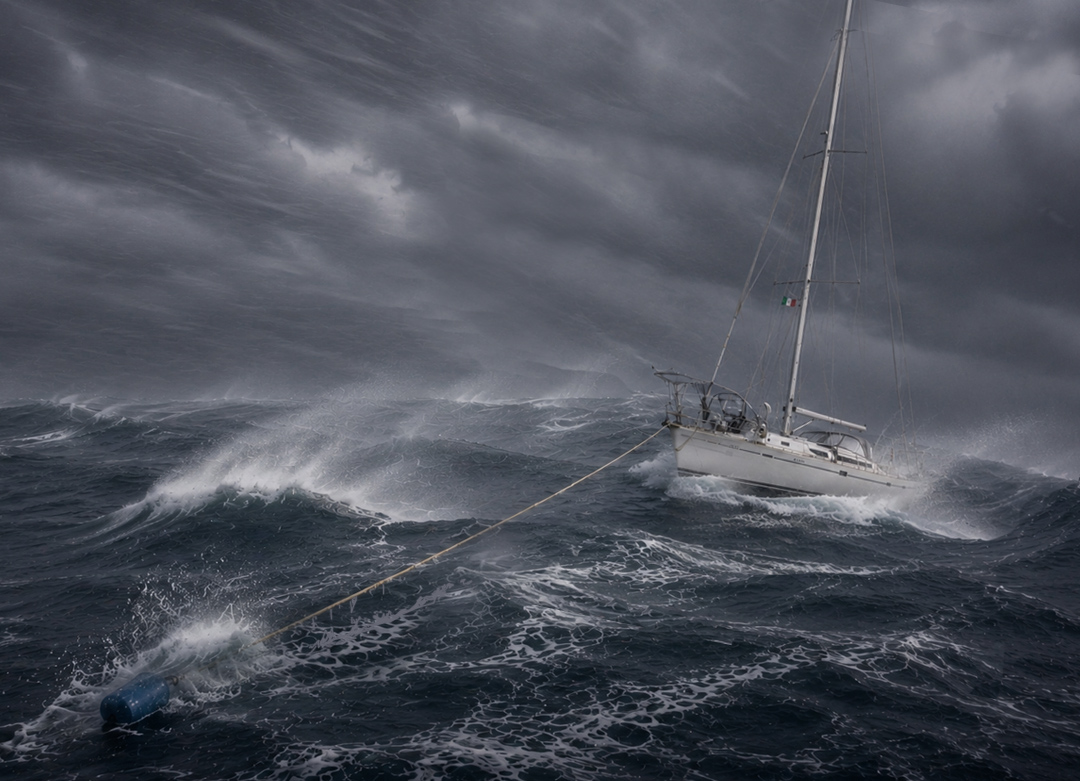 Au cœur d'une violente tempête en Atlantique, un voilier Océanis 500 navigue en fuite avec un traînard improvisé. Relié au bateau par un long bout, un seau crée une traînée hydrodynamique qui ralentit légèrement l'embardée et aide à maintenir l'étrave dans l'axe de la houle. Les crêtes des vagues sont balayées par un vent d'une extrême violence, projetant des embruns dans toute la scène sous un ciel noir et menaçant. Cette image illustre l'une des manœuvres les plus engagées de la navigation hauturière lorsque toute progression devient impossible.