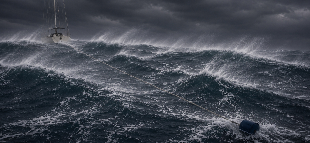 Au cœur d'une violente tempête en Atlantique, un voilier Océanis 500 navigue en fuite avec un traînard improvisé. Relié au bateau par un long bout, un seau crée une traînée hydrodynamique qui ralentit légèrement l'embardée et aide à maintenir l'étrave dans l'axe de la houle. Les crêtes des vagues sont balayées par un vent d'une extrême violence, projetant des embruns dans toute la scène sous un ciel noir et menaçant. Cette image illustre l'une des manœuvres les plus engagées de la navigation hauturière lorsque toute progression devient impossible.