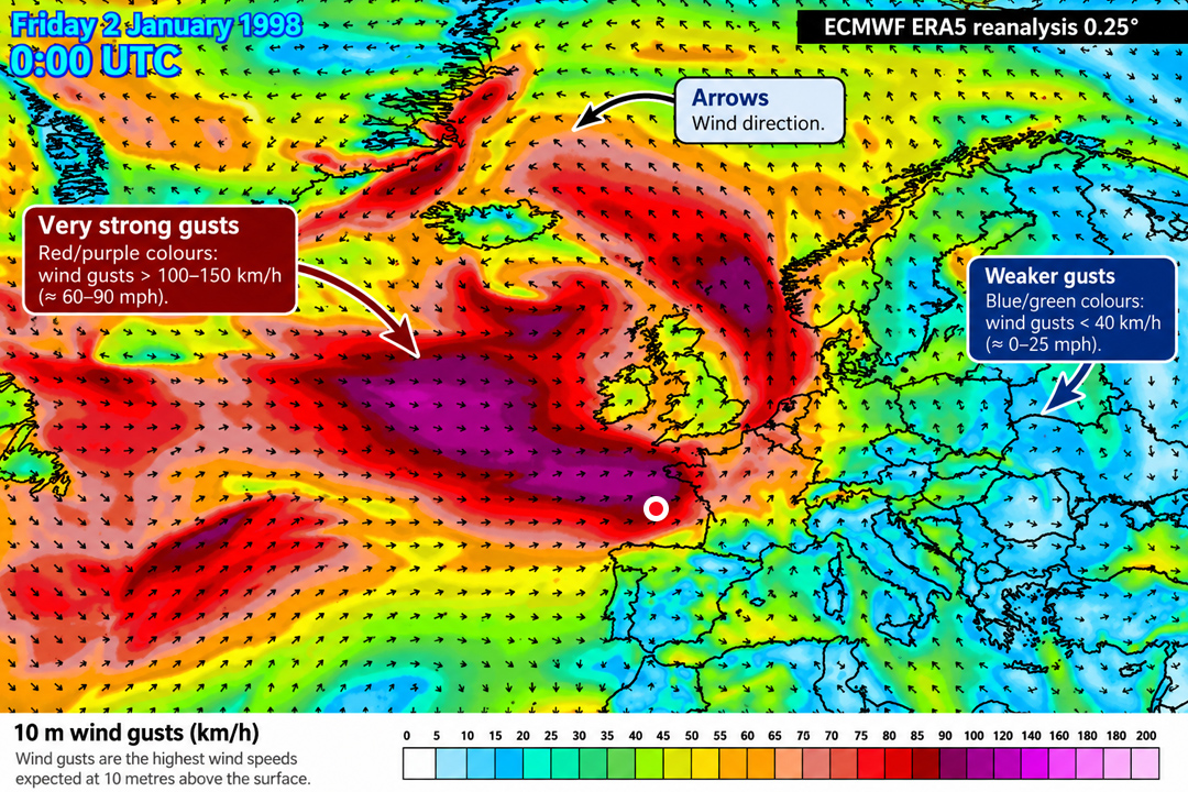 Historical wind gust map of the North Atlantic and Europe on January 2, 1998, at 00:00 UTC. Based on ECMWF ERA5 reanalysis data, the map illustrates wind direction and gust intensity, highlighting a powerful Atlantic storm system with gusts exceeding 100 km/h. Colors indicate wind strength, from weaker winds in blue and green to extreme gusts in red and purple.