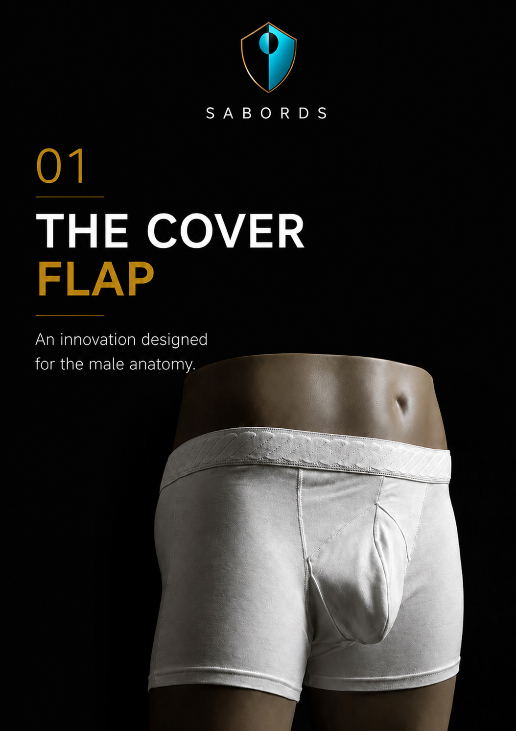 Front view of the SABORDS anatomical boxer brief highlighting its patented protective front flap. This innovative design discreetly covers the anatomical opening, preserves natural support, and provides easy access while respecting the male anatomy.