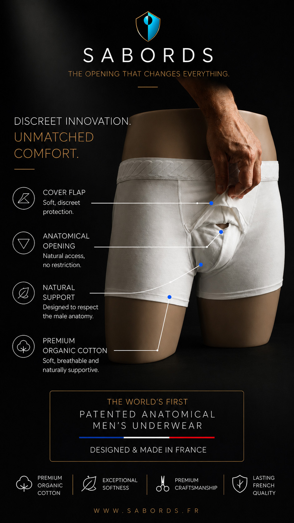 SABORDS® introduces a different approach to men’s underwear. Its patented anatomical design separates testicular support from penis positioning through a discreet front opening protected by a soft cover flap. Made in France from premium organic cotton, it combines natural support, easy access and everyday comfort.