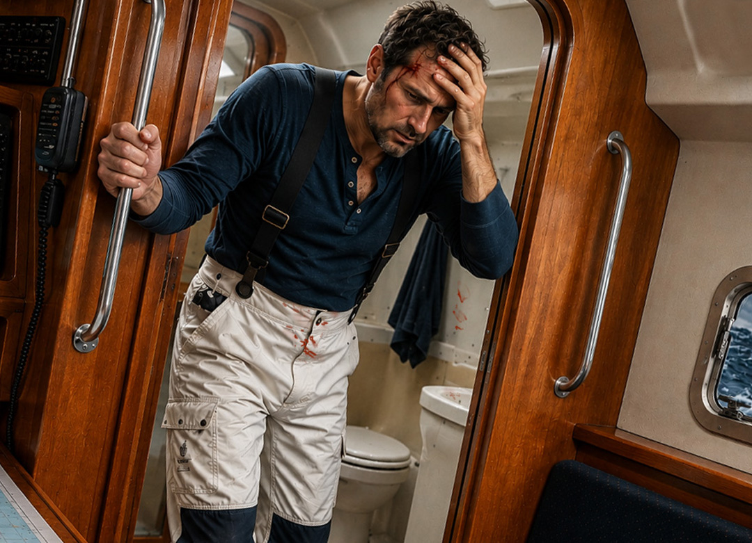 En pleine tempête, le voilier est violemment secoué par les vagues. En sortant des toilettes, un équipier perd l'équilibre et se cogne contre la cloison de la cabine. À bord, un geste aussi banal qu'aller aux toilettes peut devenir une véritable épreuve. Cette scène illustre les difficultés du quotidien en mer lorsque le bateau monte, descend et gîte sans cesse.