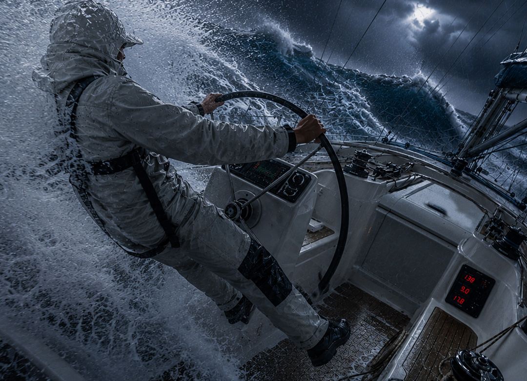 Illustration d'un Océanis 500 Bénéteau affrontant une violente tempête nocturne dans le golfe de Gascogne. Un barreur balayé par les déferlantes durant une traversée de l'Atlantique. Journal de bord SABORDS.