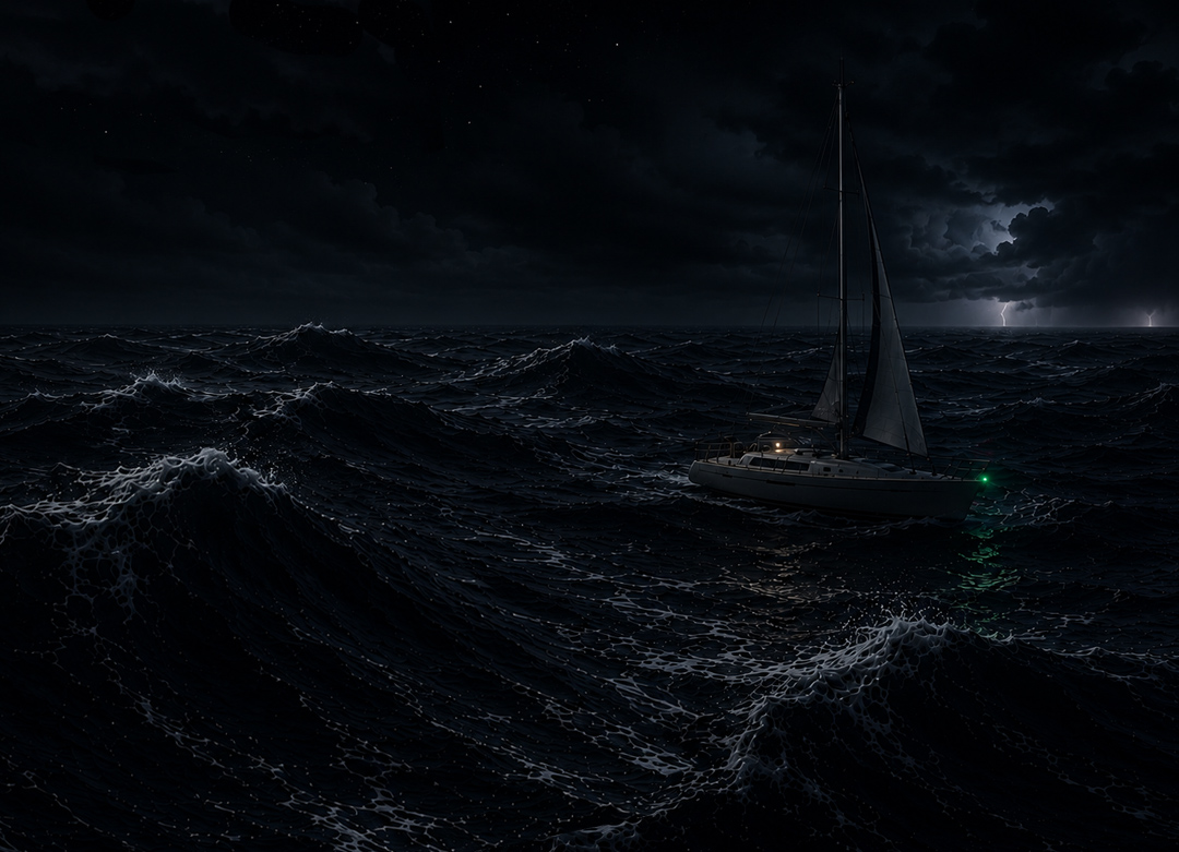 bateau de nuit avançant dans une mer formée