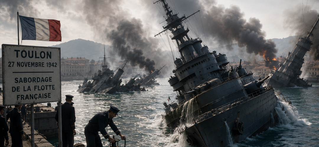 Vue depuis le port de Toulon lors du sabordage de la flotte française, le 27 novembre 1942. Pour empêcher leurs navires de tomber aux mains des forces allemandes, les marins français les coulèrent volontairement. Cet événement demeure l'un des épisodes les plus marquants de l'histoire de la Marine nationale.