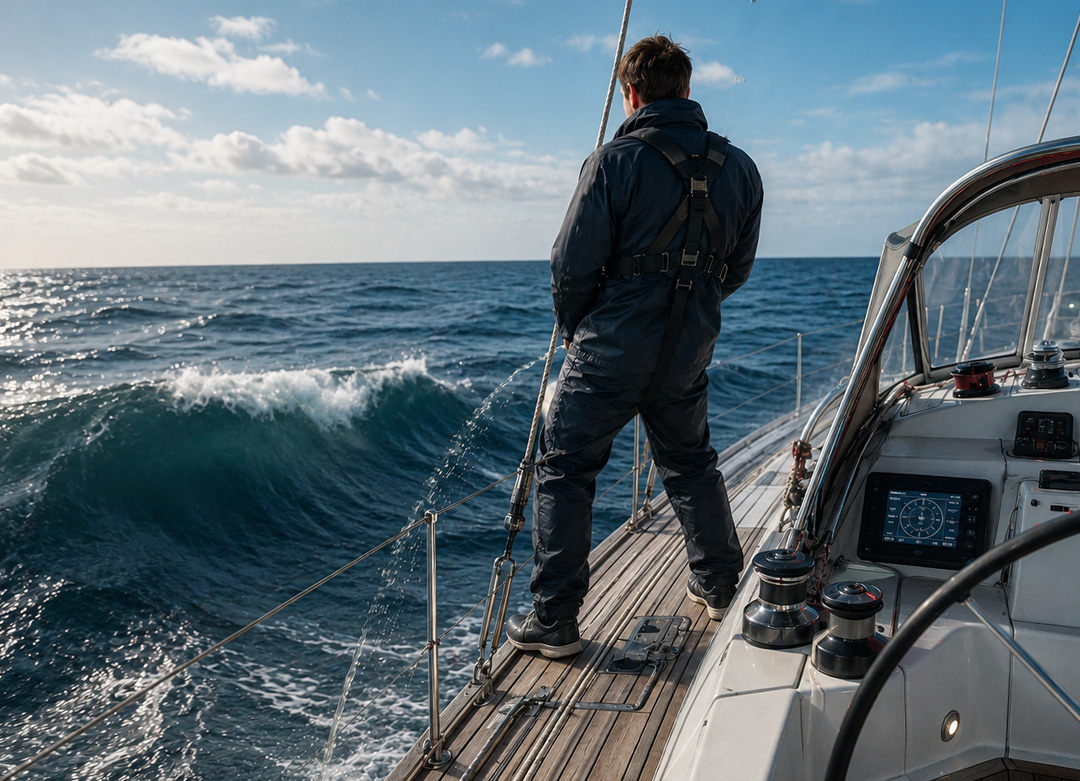 Un marin s'appuie contre un hauban pour uriner par-dessus bord à bord d'un Océanis 500 en haute mer. Cette position, fréquemment adoptée par de nombreux plaisanciers, devient particulièrement dangereuse lorsque le bateau navigue sous pilote automatique. Une simple vague peut suffire à faire perdre l'équilibre et provoquer une chute à la mer.