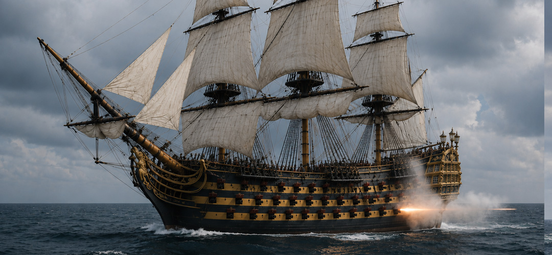 Reconstitution réaliste d'un vaisseau de ligne français de 74 canons du XVIIIᵉ siècle. Vue en perspective d'une bordée avec un canon faisant feu, illustrant les sabords, l'artillerie navale et la puissance des grands navires de guerre de la Marine royale.