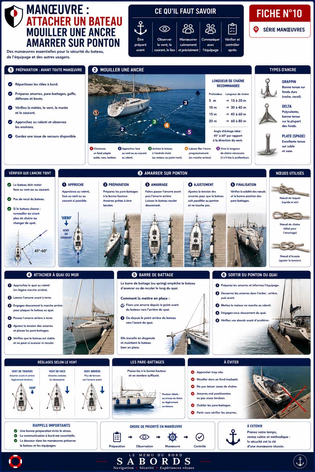 Fiche pratique illustrée expliquant comment attacher un bateau en toute sécurité. Elle présente les techniques de mouillage, les principaux types d'ancres, les étapes d'un amarrage sur ponton ou à quai, l'utilisation des amarres, des pare-battages et de la barre de battage, ainsi que les erreurs les plus fréquentes à éviter lors des manœuvres portuaires.