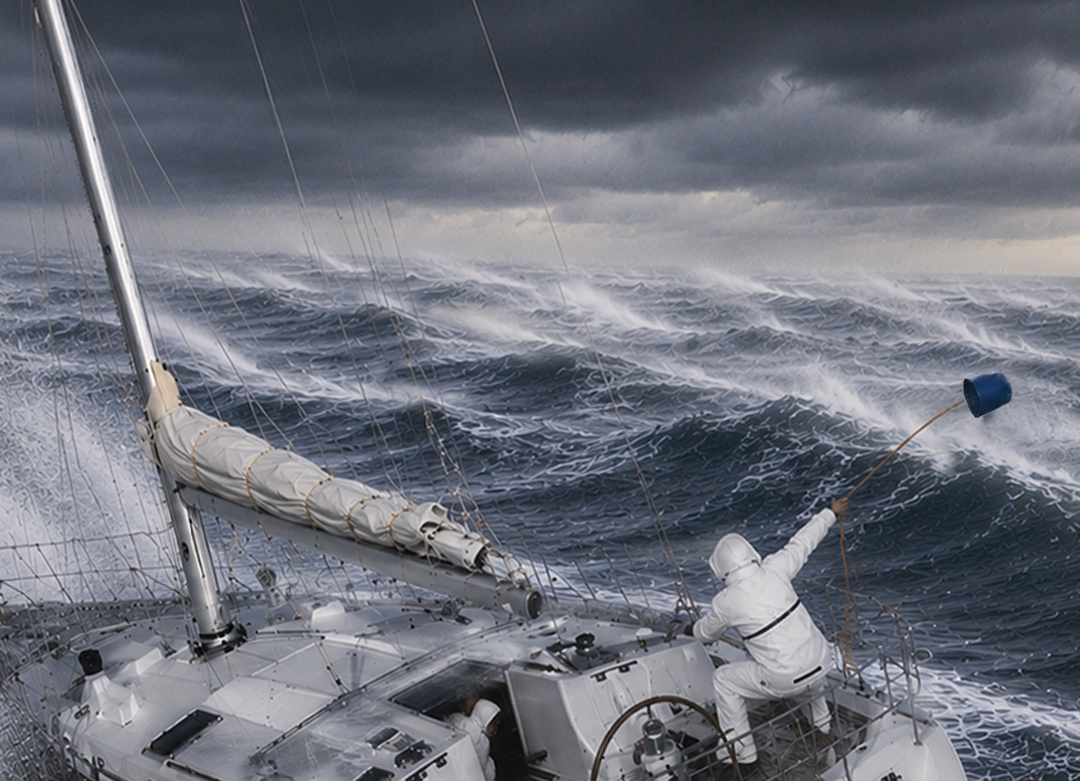 mise en fuite d'un bateau avec traînard, un marin jette par dessus bord un traînard pour ralentir le bateau dans une mer démontée