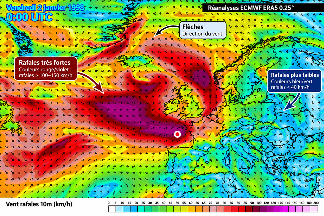carte des vents en rafalle et position du bateau durant la tempête