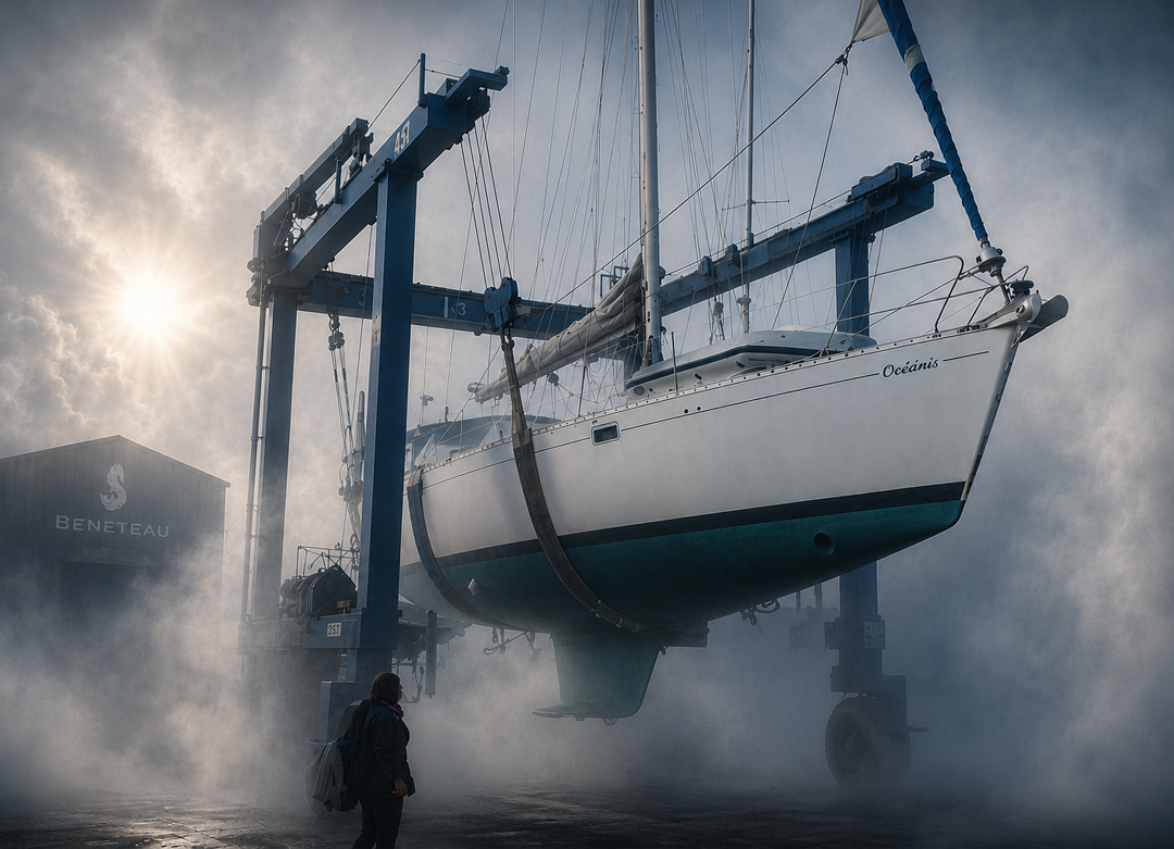 Cette image symbolise le départ d'un Océanis 500 construit aux chantiers Bénéteau. Enveloppé dans la brume, le voilier semble émerger des nuages avant de prendre la mer pour une traversée hivernale de l'Atlantique. Une scène qui évoque le début d'une aventure, l'inconnu et les souvenirs d'une première grande navigation océanique.