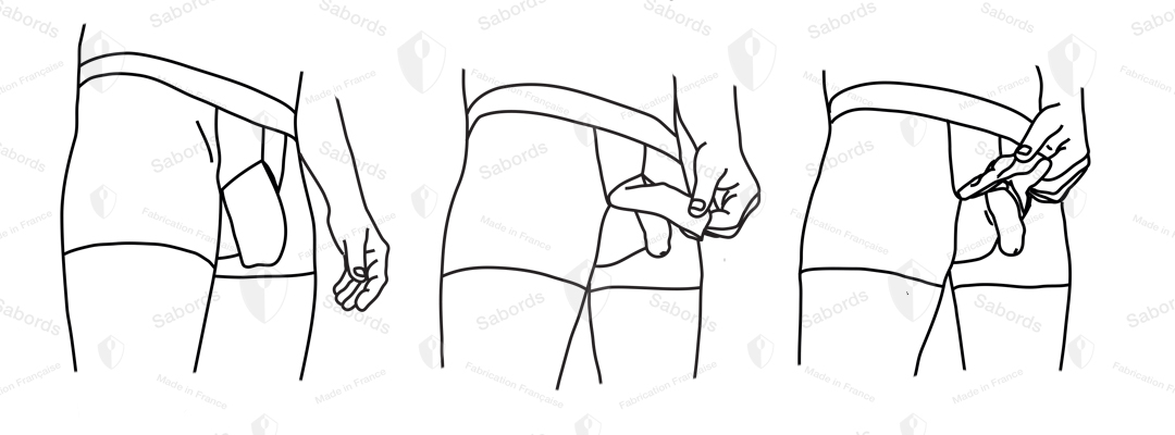 SABORDS® anatomical boxer briefs separate penis positioning from testicular support. The penis remains free beneath the protective cover flap and directly accessible, while the testicles are supported within the dedicated front area of the underwear.
