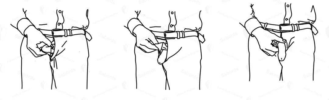 La séquence montre les zones de contact des doigts nécessaires pour dégager la verge avec SABORDS®. L'ouverture anatomique réduit fortement les surfaces de contact et les manipulations par rapport à un boxer classique.