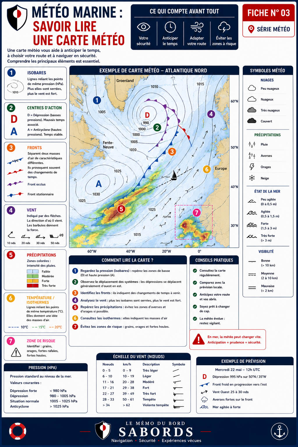 Fiche pratique illustrée expliquant comment lire une carte météo marine. Elle présente les isobares, les dépressions, les anticyclones, les fronts, le vent, les précipitations, les isothermes, les zones à risque ainsi que les principaux symboles utilisés pour anticiper les conditions de navigation en mer.