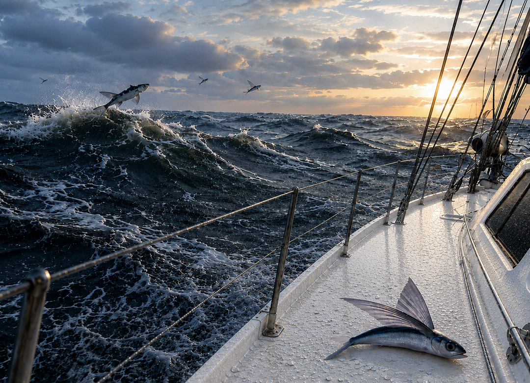 At sunrise in the Atlantic Ocean, flying fish leap from wave to wave around a sailing yacht. A memorable offshore sailing experience during an Atlantic crossing aboard a Bénéteau Océanis 500.
