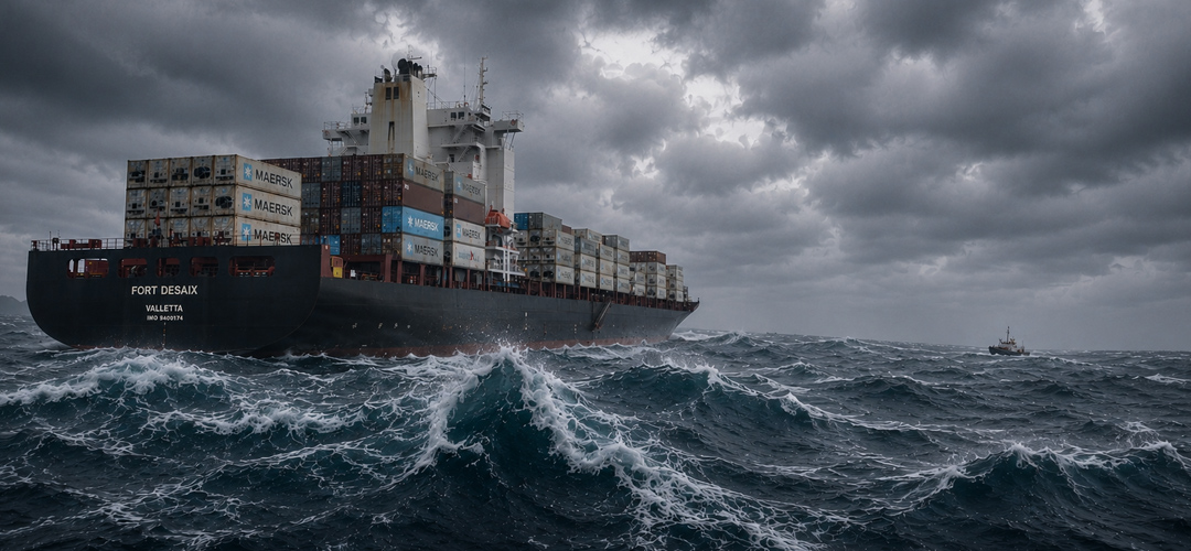 Reconstitution du 4 janvier 1998 : le cargo français Fort Descaix progresse dans une mer démontée pour tenter de porter secours au chalutier Sonia Nancy, visible au loin et privé de propulsion. La violence de la tempête, avec des vents de force 11 et des vagues gigantesques, rendra finalement impossible tout transfert bord à bord.