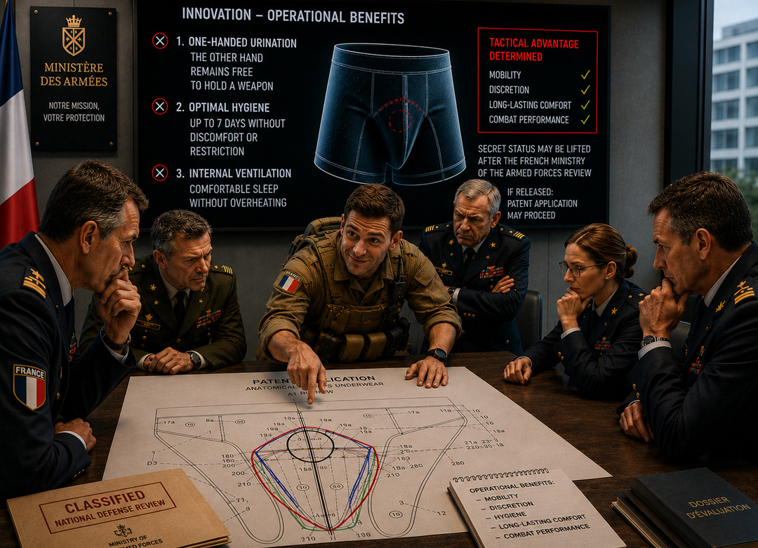 A conceptual illustration depicting a review meeting at the French Ministry of the Armed Forces, where military experts evaluate the potential operational applications of the patented SABORDS anatomical men's underwear. The presentation highlights possible advantages such as keeping one hand free while urinating, improved hygiene during extended deployments, greater mobility, and enhanced comfort in demanding operational environments. The image symbolizes the period during which the patent application was examined under French national defense secrecy regulations before the secrecy order was officially lifted.
