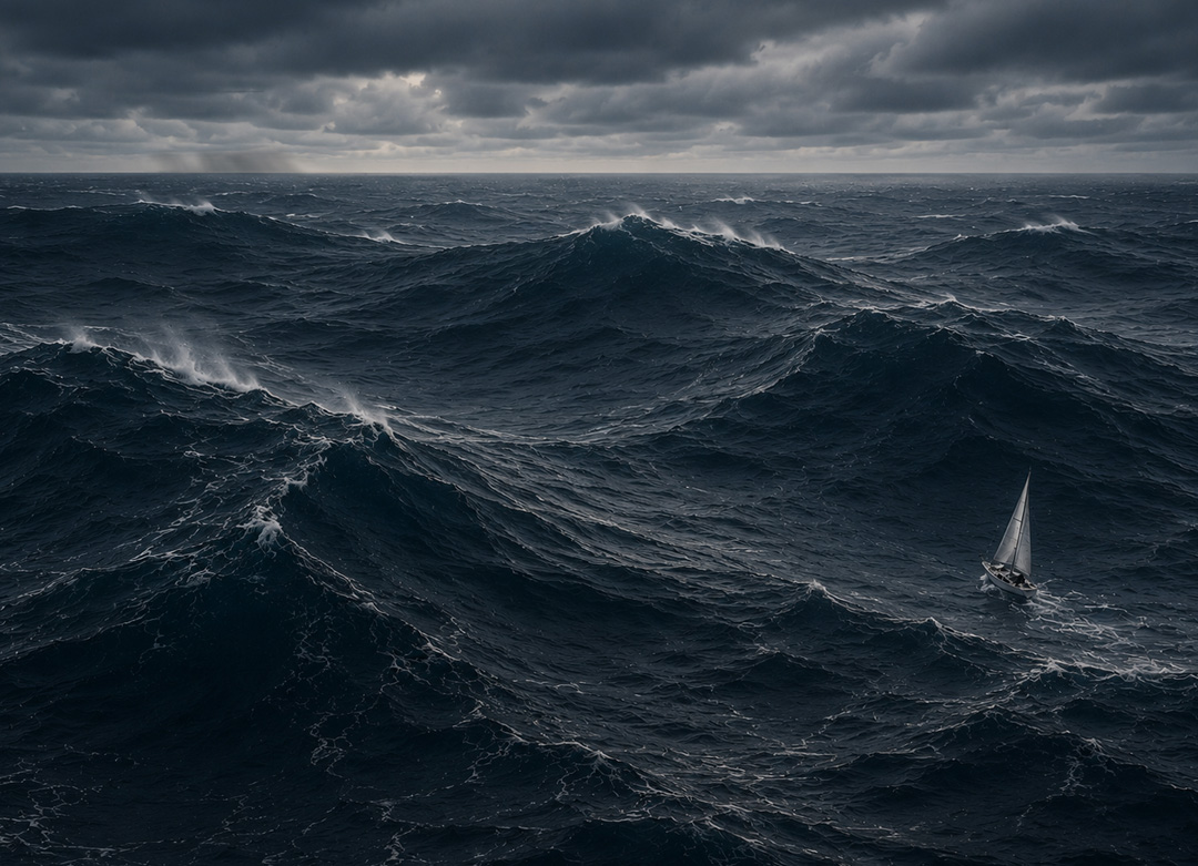 Un voilier navigue dans une houle puissante au large du golfe de Gascogne. À l'horizon, un grain balaie la mer sous un ciel menaçant, annonçant l'arrivée d'une nouvelle tempête. Les longues vagues et les crêtes blanchies par le vent traduisent la rudesse de la navigation hivernale en Atlantique.