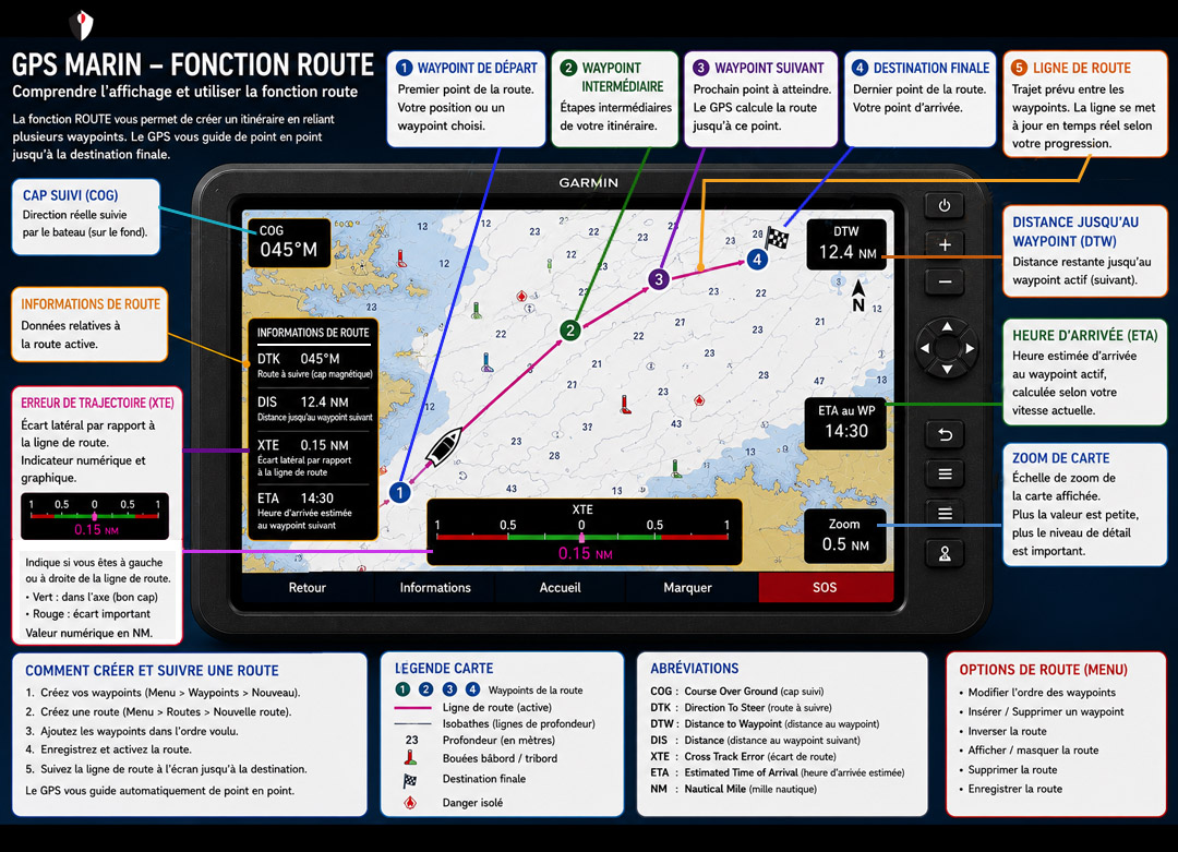 Cette fiche pratique explique le fonctionnement de la fonction Route d'un GPS marin. Elle présente la création d'un itinéraire à l'aide de plusieurs waypoints, l'affichage de la ligne de route ainsi que les principales informations de guidage (COG, DTK, DTW, ETA et XTE). Un guide illustré pour apprendre à préparer et suivre une navigation avec précision.