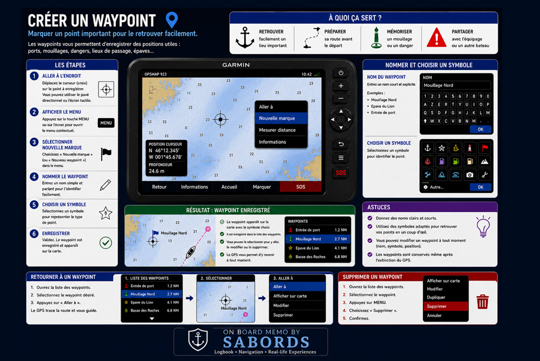 Cette fiche pratique explique comment créer un waypoint sur un GPS marin. Elle détaille les étapes d'enregistrement, le choix d'un nom et d'un symbole, ainsi que les fonctions permettant de retrouver, modifier ou supprimer un waypoint. Elle montre également comment utiliser ces points enregistrés pour préparer une route ou naviguer avec la fonction GOTO.