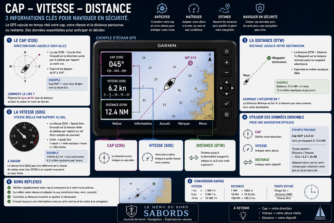 Cette fiche pratique explique les trois principales informations affichées sur un GPS marin : le cap (COG), la vitesse sur le fond (SOG) et la distance restante jusqu'au waypoint (DTW). Grâce à des exemples illustrés et des explications simples, elle montre comment utiliser ces données ensemble pour préparer, suivre et sécuriser sa navigation.