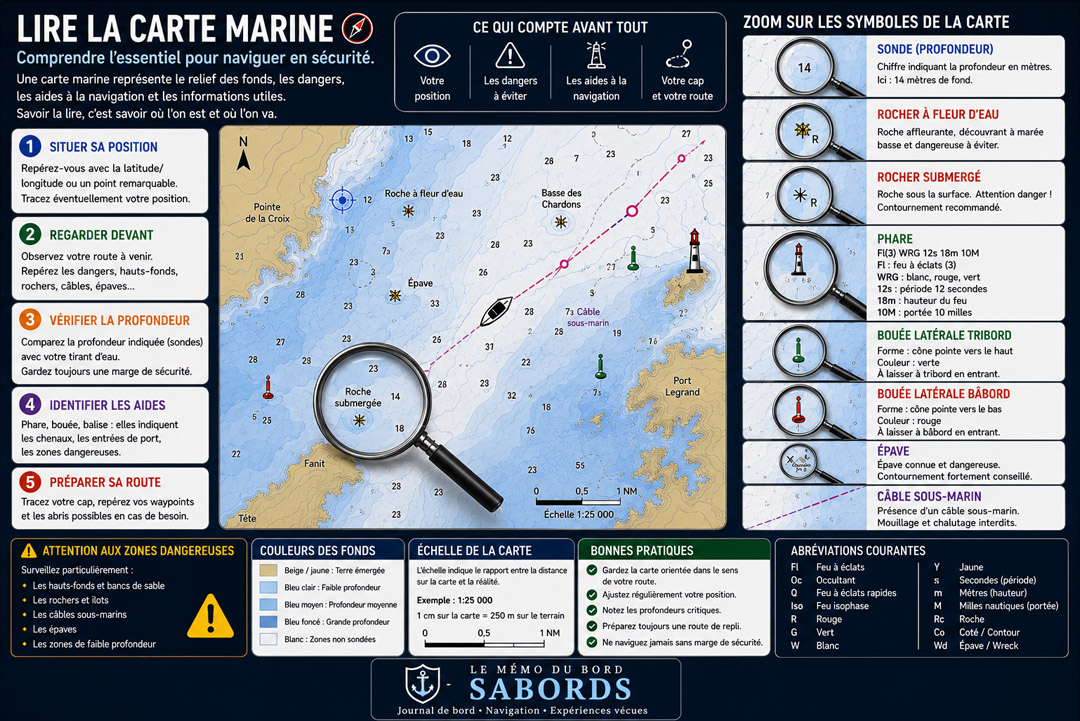 Cette fiche pratique présente les principaux symboles d'une carte marine : sondes, rochers, épaves, phares, bouées latérales, câbles sous-marins, couleurs des fonds et échelle de la carte. Elle explique comment interpréter ces informations afin de préparer une navigation sûre et d'éviter les dangers en mer.