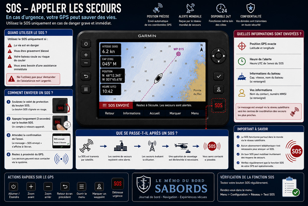 Cette fiche pratique présente le fonctionnement de la fonction SOS d'un GPS marin. Elle explique dans quelles situations déclencher une alerte, les étapes d'envoi du message, les informations transmises aux secours, ainsi que le déroulement des opérations après la réception de l'alerte. Elle rappelle également les bonnes pratiques et les précautions d'utilisation de cette fonction de sécurité essentielle.