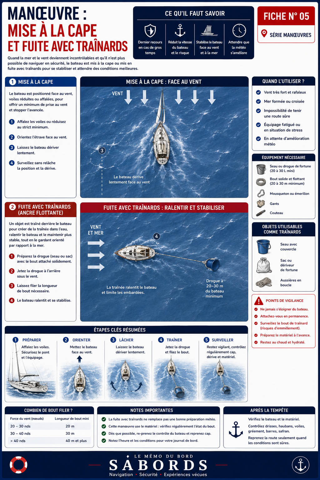 Fiche pratique illustrée présentant les deux principales manœuvres de sécurité utilisées par gros temps : la mise à la cape et la fuite avec traînards. Elle explique les conditions d'utilisation, les étapes de mise en œuvre, le matériel nécessaire, les points de vigilance et les bons réflexes pour stabiliser un voilier lorsque la mer devient dangereuse.