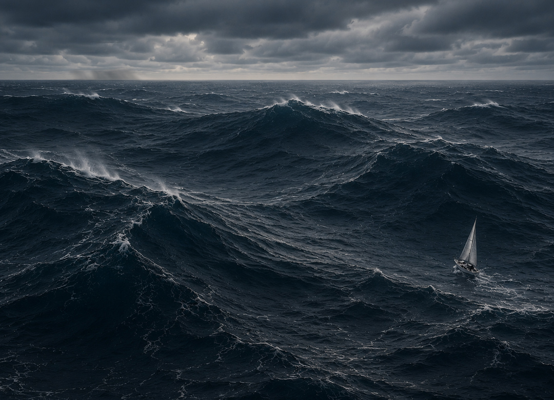 A sailboat crosses heavy ocean swells in the Bay of Biscay as a rain squall sweeps across the horizon beneath a threatening sky. Long rolling waves and wind-whipped whitecaps capture the harsh reality of winter sailing in the North Atlantic, with another storm rapidly approaching.