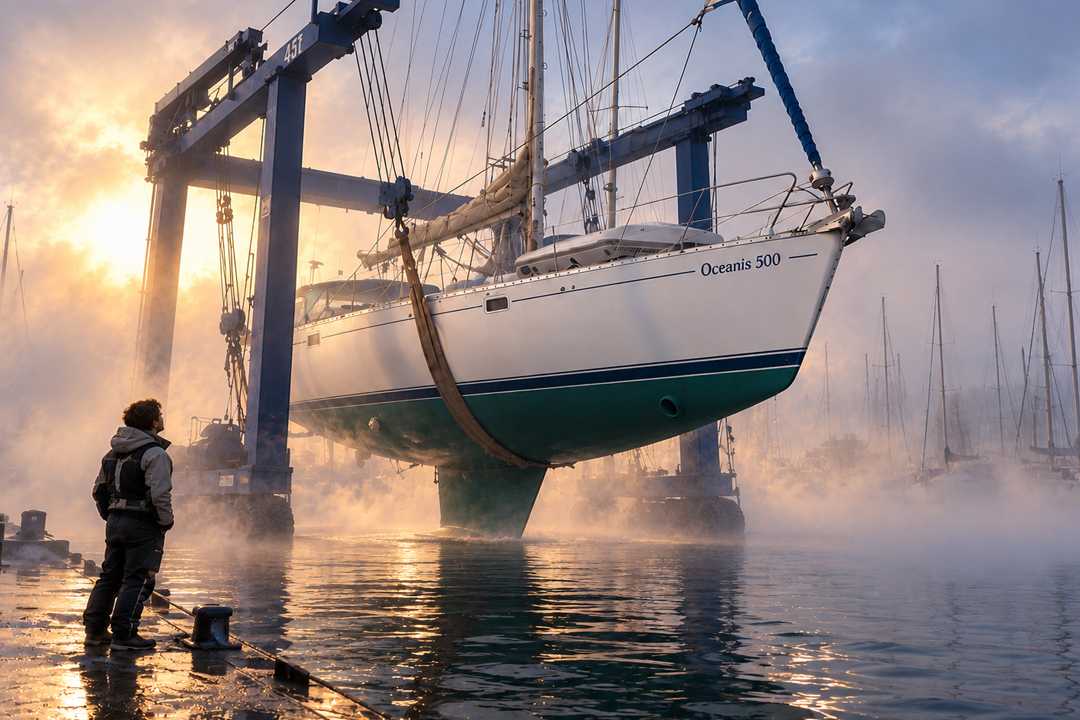 An Océanis 500 appears to emerge from the mist as it leaves the Bénéteau shipyard, suspended in a travel lift just before touching the water. The fog gives the scene a symbolic atmosphere, marking the moment when a newly built yacht leaves the factory to begin its first great adventure. For me, this image represents the true beginning of an Atlantic crossing, where excitement, uncertainty, and discovery all meet before the open ocean.