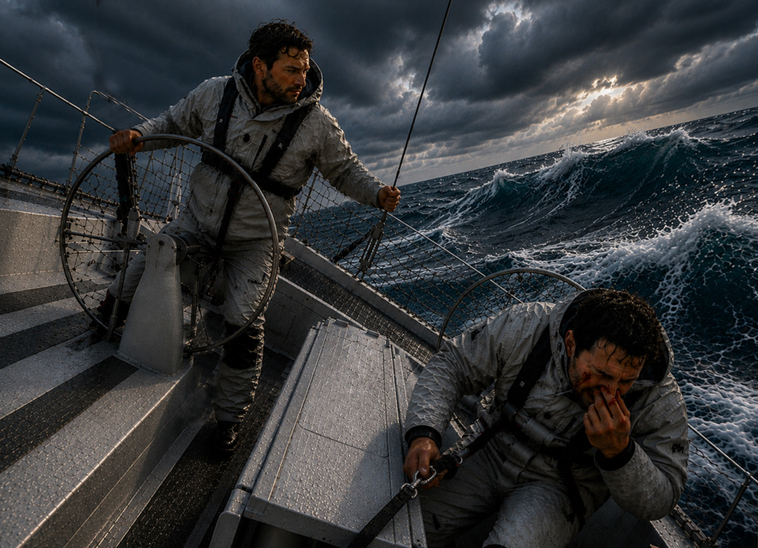 En pleine traversée du golfe de Gascogne, deux équipiers effectuent un changement de quart dans une mer très formée. Au moment de passer le relais, l'un d'eux vient de détacher son harnais de sécurité lorsqu'un mouvement brutal du voilier le projette violemment contre le pont en gelcoat, lui cassant le nez. Une scène qui illustre la violence des conditions en haute mer, où chaque déplacement sur le pont comporte un risque, même lors des manœuvres les plus courantes.