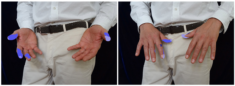 The highlighted areas show the parts of the hands that may come into contact with the genital area during the different movements required to urinate with traditional boxer briefs: accessing the penis, holding the underwear down, and putting everything back in place.