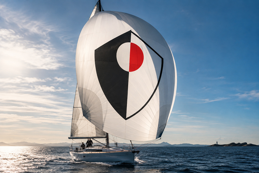 Le logo SABORDS déployé sur un grand spi blanc symbolise l'esprit d'aventure, les traversées océaniques et les origines maritimes de la marque. Bien avant l'invention brevetée, l'histoire de SABORDS commence au cœur d'une traversée de l'Atlantique en voilier.