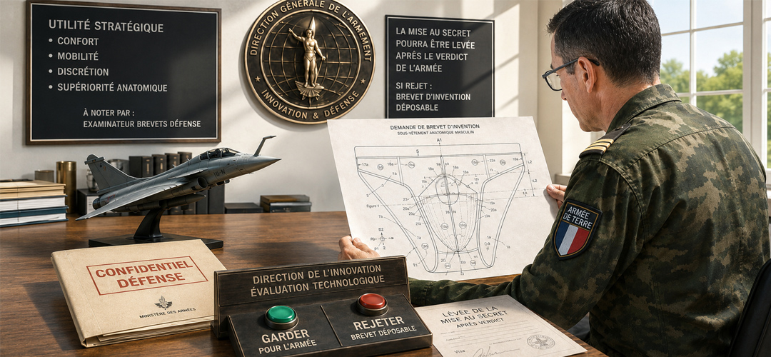 Un examinateur de la Défense nationale étudie une demande de brevet d'invention afin d'évaluer si cette innovation présente un intérêt stratégique pour les forces armées françaises. Durant cette période, le brevet est susceptible d'être soumis au secret de la Défense nationale avant que son dépôt ne soit autorisé.