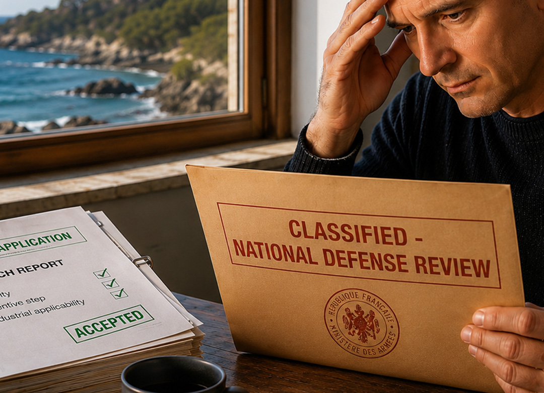 A symbolic illustration of the period during which the SABORDS patent application was placed under review by the French Ministry of the Armed Forces under national defense secrecy regulations. While waiting for the official decision, the inventor reflects on the unexpected military interest in his patented anatomical men's underwear, wondering why an innovation designed for everyday comfort had attracted the attention of France's defense authorities.