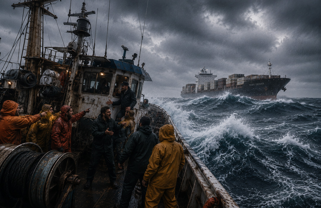 Reconstitution de la tension à bord du chalutier Sonia Nancy lors de la tentative de sauvetage du 4 janvier 1998. Dans une mer démontée et des vents de force 11, le cargo français Fort Descaix tente de porter secours aux dix marins. Face aux mouvements violents des deux navires et au risque d’être écrasés entre les coques, un transfert bord à bord apparaît extrêmement dangereux et provoque un vif désaccord parmi les marins.