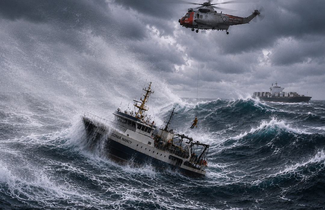 Reconstruction of the dramatic rescue of the Sonia Nancy on January 4, 1998, in the North Atlantic. Battered by enormous waves in a Force 11 storm, the disabled Spanish fishing vessel is reached by an RAF Sea King helicopter. A rescuer is lowered toward the violently pitching vessel before all ten crew members are eventually winched to safety.