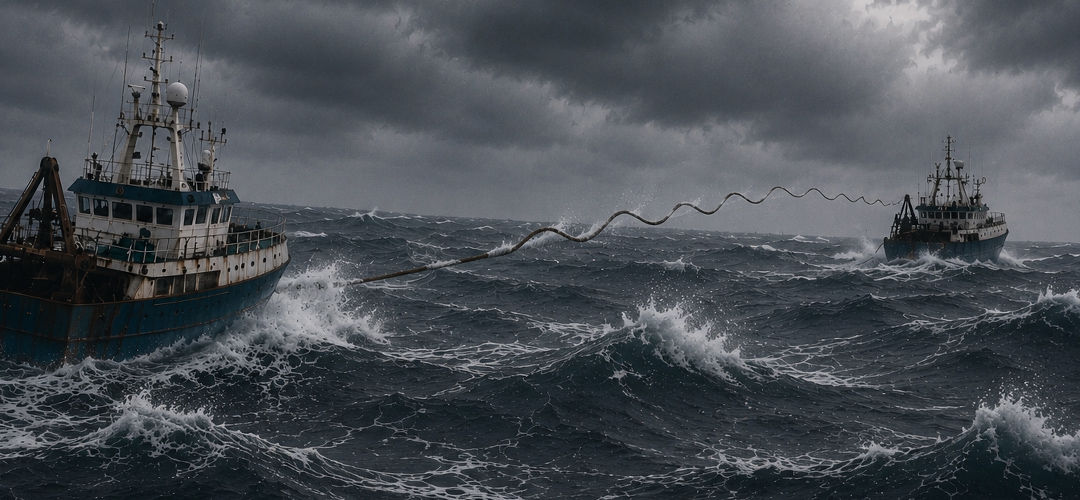 Reconstitution de la tentative de remorquage du Sonia Nancy le 4 janvier 1998. Privé de propulsion dans une mer démontée, le chalutier est pris en remorque par un autre bateau de pêche. Dans la violence de la tempête et des vagues, le câble finira par rompre, laissant le Sonia Nancy à la dérive.