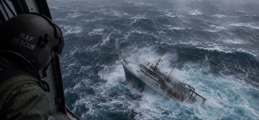 Reconstitution du Sonia Nancy en perdition dans l’Atlantique le 4 janvier 1998, vu depuis l’hélicoptère de secours de la RAF. Après l’hélitreuillage des dix membres d’équipage, le chalutier abandonné est livré à une mer démontée et finira par sombrer.